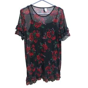 H&M Divided Chiffon Sheer Dress Floral  Smocked Ruffle Size 14 Black Red Roses